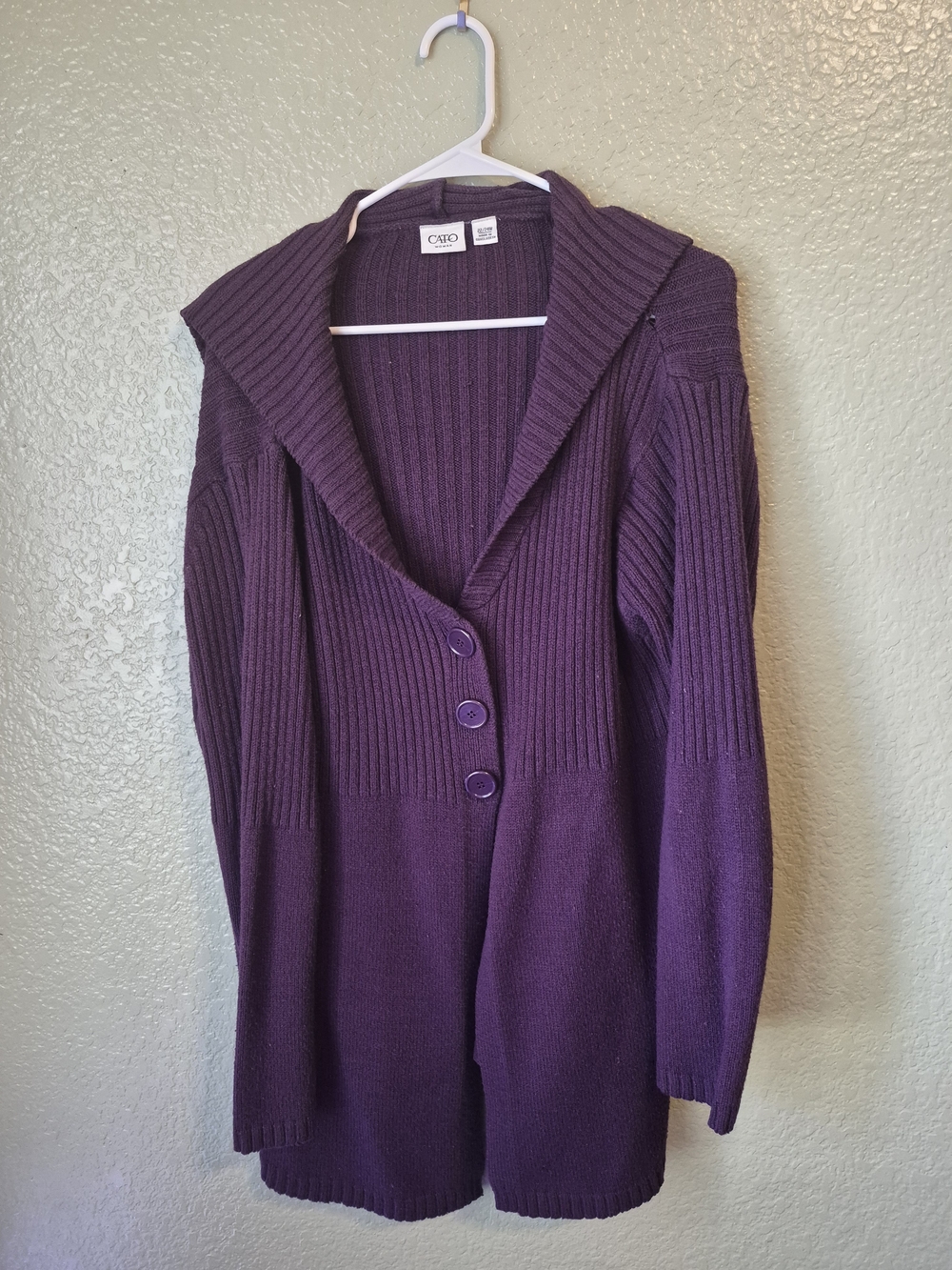 Cato Plum Ribbed Shawl-Collar Button Cardigan
